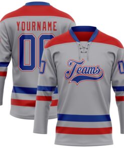 Custom Gray Royal-Red Hockey Lace Neck Jersey
