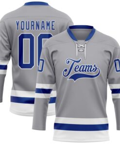 Custom Gray Royal-White Hockey Lace Neck Jersey