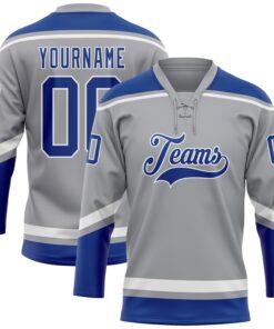 Custom Gray Royal-White Hockey Lace Neck Jersey