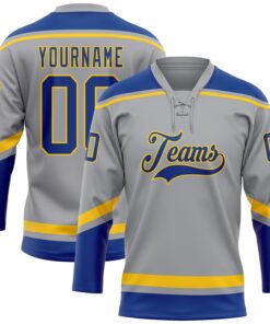 Custom Gray Royal-Yellow Hockey Lace Neck Jersey