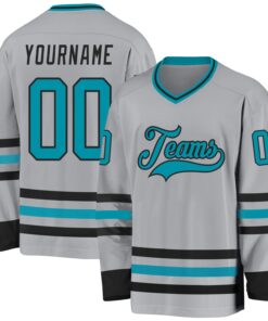 Custom Gray Teal-Black Hockey Jersey