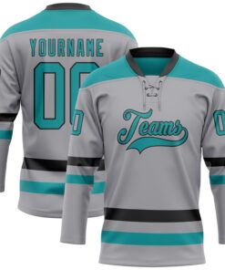 Custom Gray Teal-Black Hockey Lace Neck Jersey