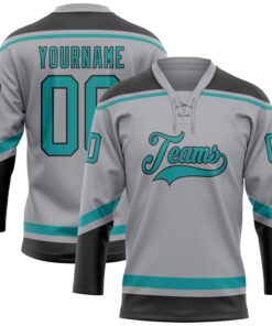 Custom Gray Teal-Black Hockey Lace Neck Jersey