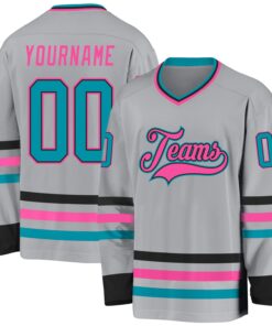 Custom Gray Teal Black-Pink Hockey Jersey