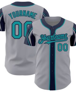 Custom Gray Teal-Navy 3 Colors Arm Shapes Authentic Baseball Jersey