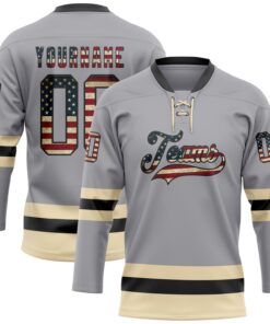 Custom Gray Vintage USA Flag Black-Cream Hockey Lace Neck Jersey