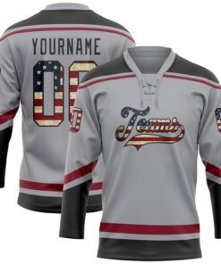 Custom Gray Vintage USA Flag Black-Crimson Hockey Lace Neck Jersey