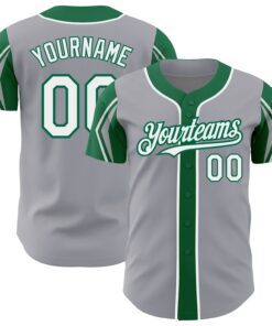 Custom Gray White-Kelly Green 3 Colors Arm Shapes Authentic Baseball Jersey