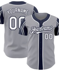 Custom Gray White-Navy 3 Colors Arm Shapes Authentic Baseball Jersey