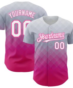 Custom Gray White-Pink 3D Pattern Design GradientÂ SquareÂ Shape Authentic Baseball Jersey