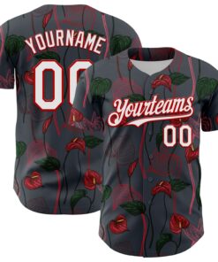 Custom Gray White-Red 3D Pattern Design Tropical Anthurium Flower Authentic Baseball Jersey