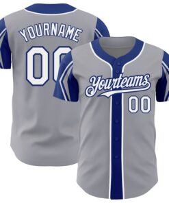 Custom Gray White-Royal 3 Colors Arm Shapes Authentic Baseball Jersey