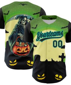 Custom Green Black-Aqua 3D Halloween Authentic Baseball Jersey