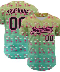 Custom Green Black-Pink 3D Pattern Design Tropical Hawaii Palm Trees And Flamingo Authentic Baseball Jersey