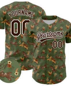 Custom Green Brown-White 3D Pattern Design Animal Leopard And Hawaii Palm Leaves Authentic Baseball Jersey
