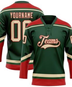 Custom Green City Cream-Red Hockey Lace Neck Jersey