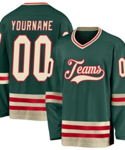 Custom Green Cream-Red Hockey Jersey