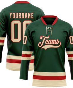 Custom Green Cream-Red Hockey Lace Neck Jersey