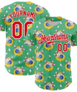 Custom Green Fire Red-White Comic Doodle Ballgame 3D Pattern Design Authentic Baseball Jersey