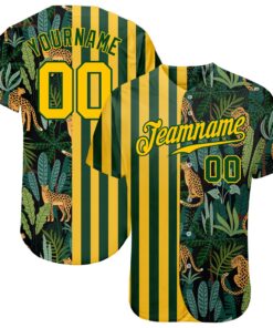 Custom Green Gold-Black 3D Pattern Design Leopards And Tropical Palm Leaves Authentic Baseball Jersey