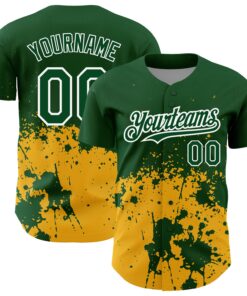 Custom Green Gold-White 3D Pattern Design Abstract Splash Grunge Art Authentic Baseball Jersey