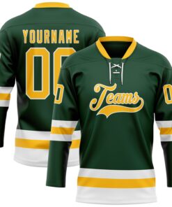 Custom Green Gold-White Hockey Lace Neck Jersey