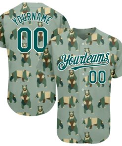 Custom Green Grass Green-White 3D Pattern Design Bear Authentic Baseball Jersey