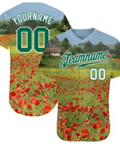 Custom Green Kelly Green-White 3D Pattern Design Flowers Authentic Baseball Jersey