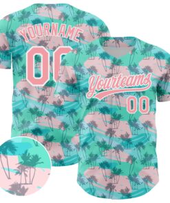Custom Green Medium Pink-White 3D Pattern Design Tropical Hawaii Palm Trees Authentic Baseball Jersey