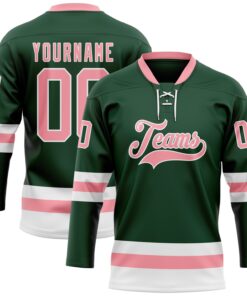 Custom Green Medium Pink-White Hockey Lace Neck Jersey