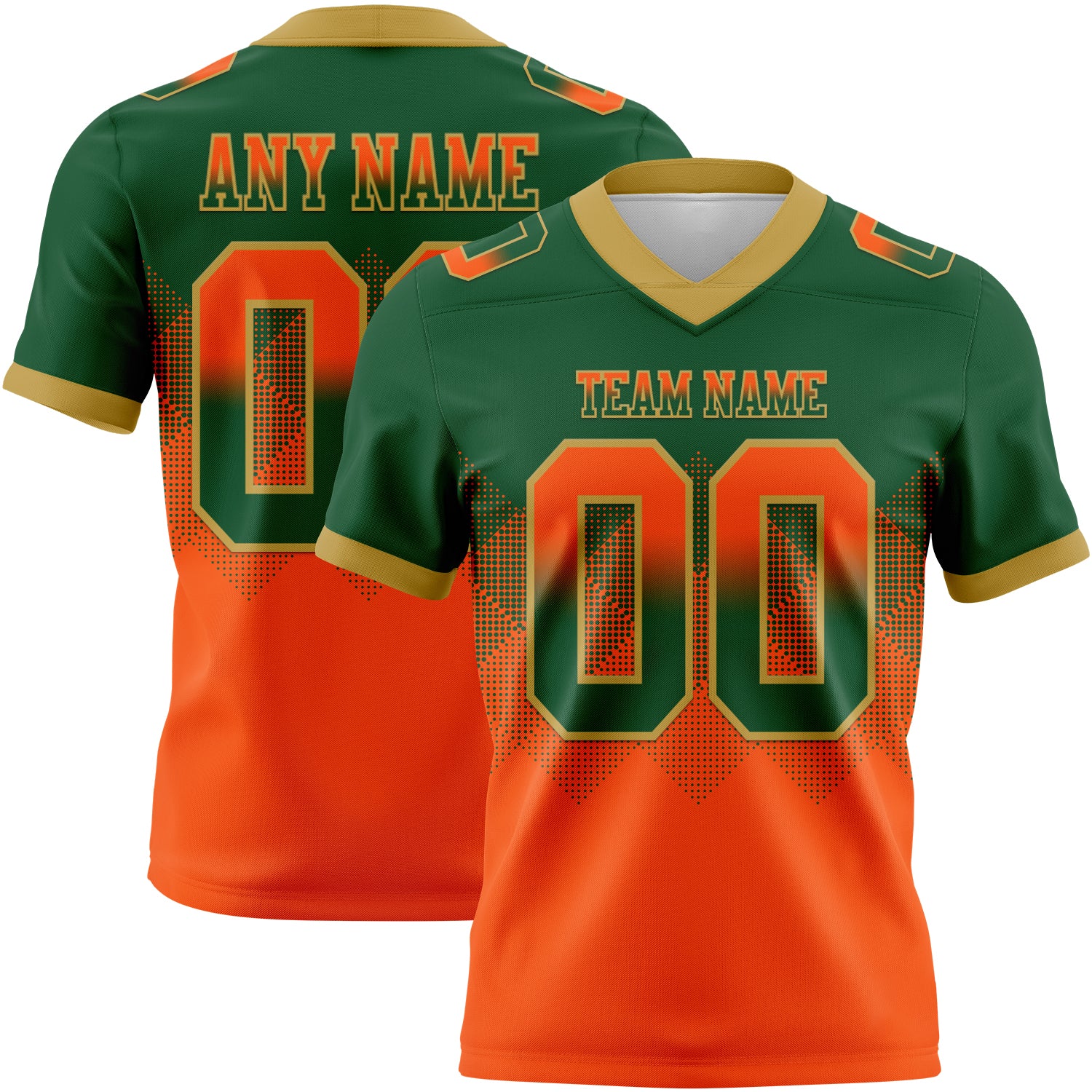 Custom Green Orange-Old Gold Mesh Authentic Gradient Square Shape Flag Football Jersey