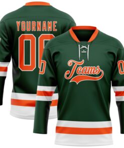 Custom Green Orange-White Hockey Lace Neck Jersey