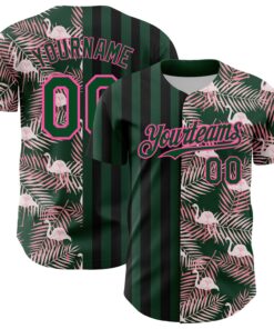 Custom Green Pink-Black 3D Pattern Design Tropical Palm Leaves And Famingo Authentic Baseball Jersey