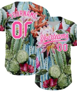 Custom Green Pink-White 3D Pattern Design Cactus Festival Authentic Baseball Jersey