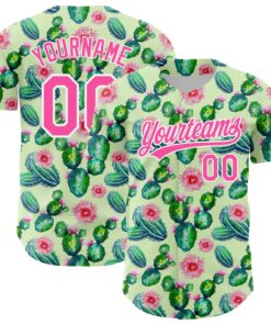 Custom Green Pink-White 3D Pattern Design Cactus Festival Authentic Baseball Jersey