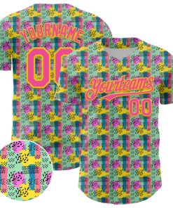 Custom Green Pink-Yellow 3D Pattern Design Color Brush Blocks Authentic Baseball Jersey