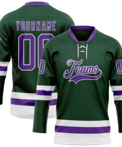 Custom Green Purple-White Hockey Lace Neck Jersey