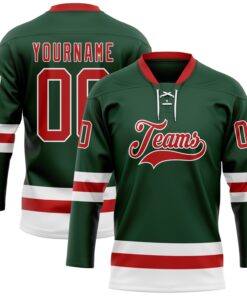 Custom Green Red-White Hockey Lace Neck Jersey