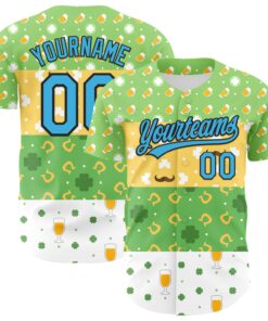 Custom Green Sky Blue Light Yellow-Black 3D St. Patrick's Day Shamrock Beer Authentic Baseball Jersey