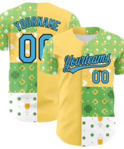 Custom Green Sky Blue Light Yellow-Black 3D St. Patrick's Day Shamrock Beer Authentic Baseball Jersey