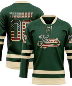 Custom Green Vintage USA Flag-Cream Hockey Lace Neck Jersey