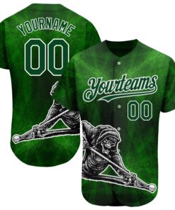 Custom Green White 3D Pattern Design A Skeleton Playing Billiards While Drinking A Beer Authentic Baseball Jersey