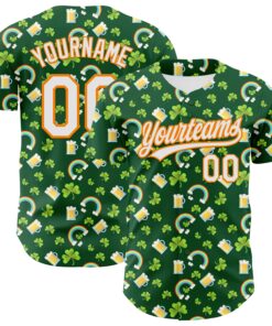 Custom Green White-Bay Orange 3D St. Patrick's Day Shamrock Beer Authentic Baseball Jersey