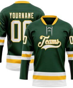 Custom Green White-Gold Hockey Lace Neck Jersey