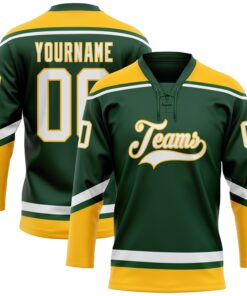 Custom Green White-Gold Hockey Lace Neck Jersey