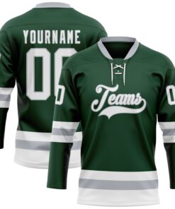 Custom Green White-Gray Hockey Lace Neck Jersey