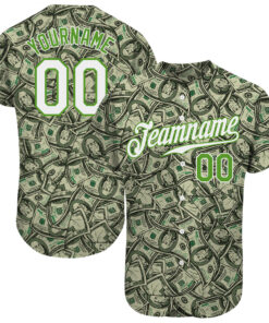 Custom Green White-Neon Green 3D Pattern Design Dollar Authentic Baseball Jersey