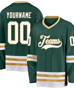 Custom Green White-Old Gold Hockey Jersey