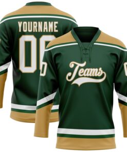 Custom Green White-Old Gold Hockey Lace Neck Jersey