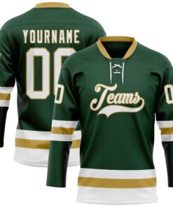 Custom Green White-Old Gold Hockey Lace Neck Jersey